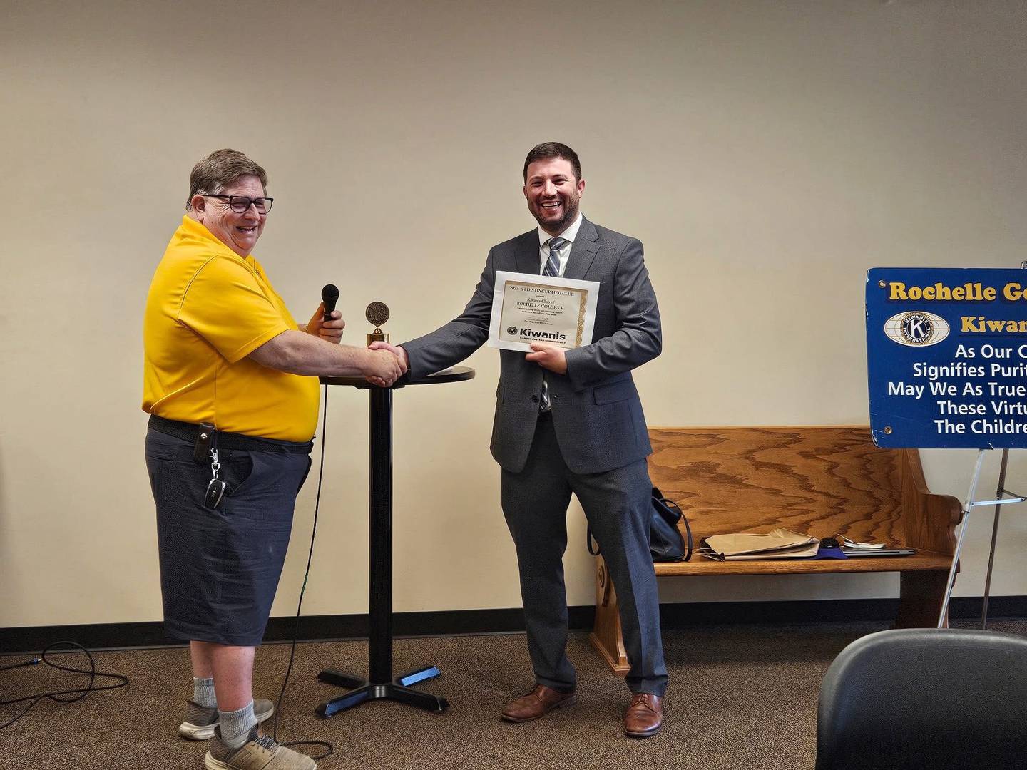 Rochelle Kiwanis Golden K Club President Will McLachlan recently was presented with two awards. He was named Distinguished Club President at the Kiwanis Convention.