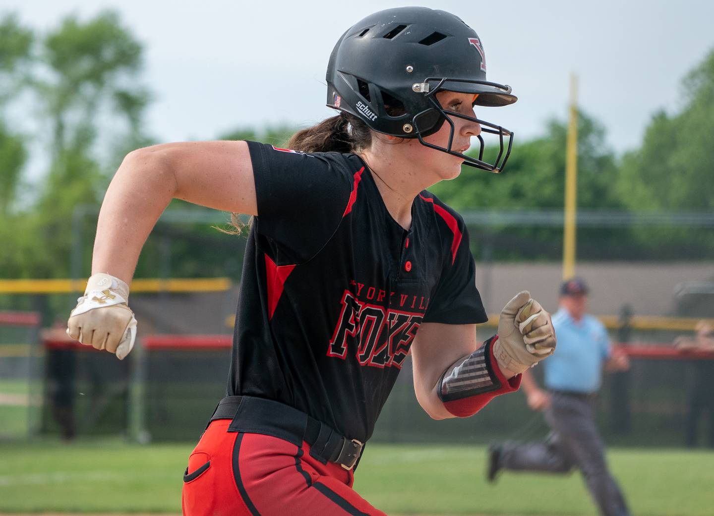 Yorkville's Samantha Davidowski (7) runs to first on a bunt attempt against West Aurora during the Class 4A Yorkville Sectional semifinal at Yorkville High School on Tuesday, May 31, 2022.