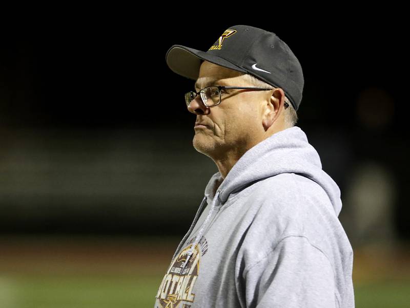 Richmond-Burton Head Coach Mike Noll watches as his team losses to St. Viator in a IHSA Class 4A first round playoff football game Friday, Oct. 27, 2023, at Richmond-Burton High School in Richmond.