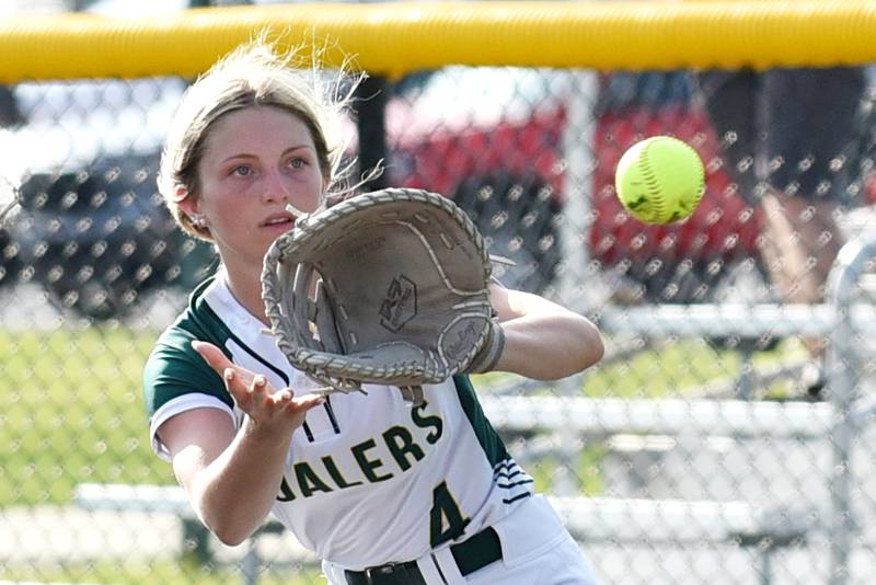 Coal City's Addison Harvey fields a throw at first base during the Coalers' home game against Manteno Monday, May 12, 2025.