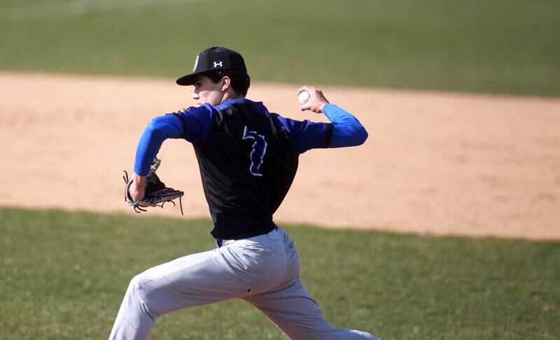 Geneva's Mason Bruesch pitches during a game against Wheaton Warrenville Sout on Monday April 14, 2025 in Wheaton.