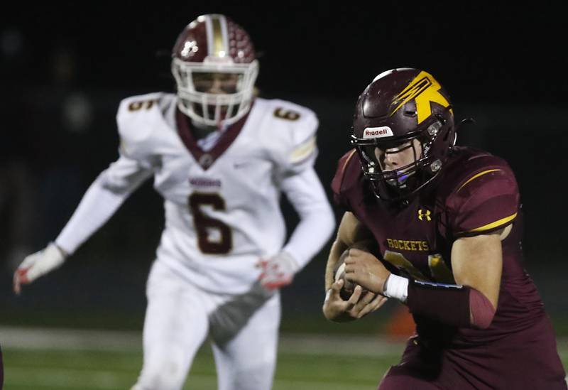 Richmond-Burton's Toby Quentrall-Quezada runs with the football during a Kishwaukee River Conference / Interstate 8 Conference crossover football game Friday, Sept. 30, 2022, between Richmond-Burton and Morris at Richmond-Burton Community High School in Richmond.