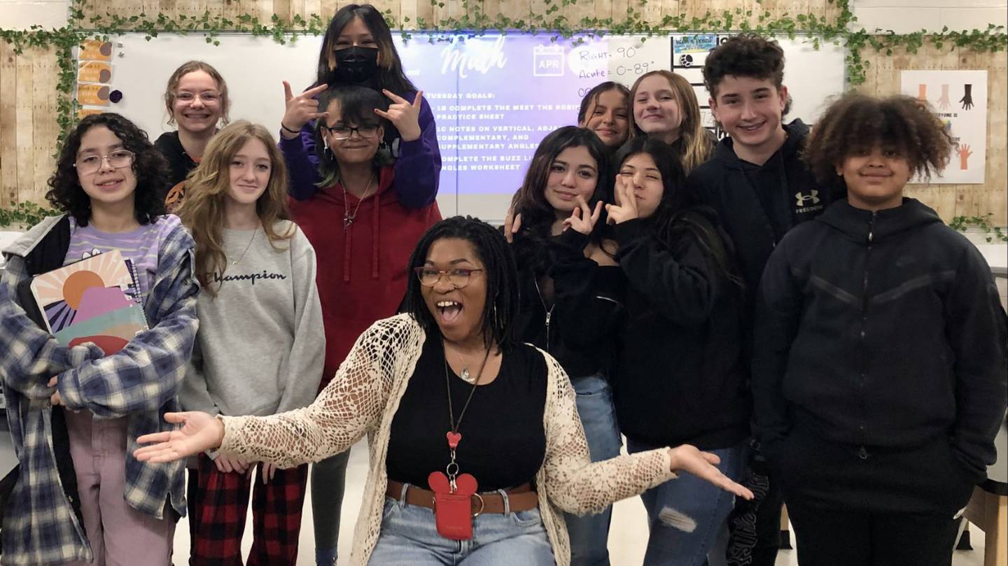 Sydney Hackley (front) with one of her seventh grade classes at Plano Middle School on Tuesday April 4, 2023.
