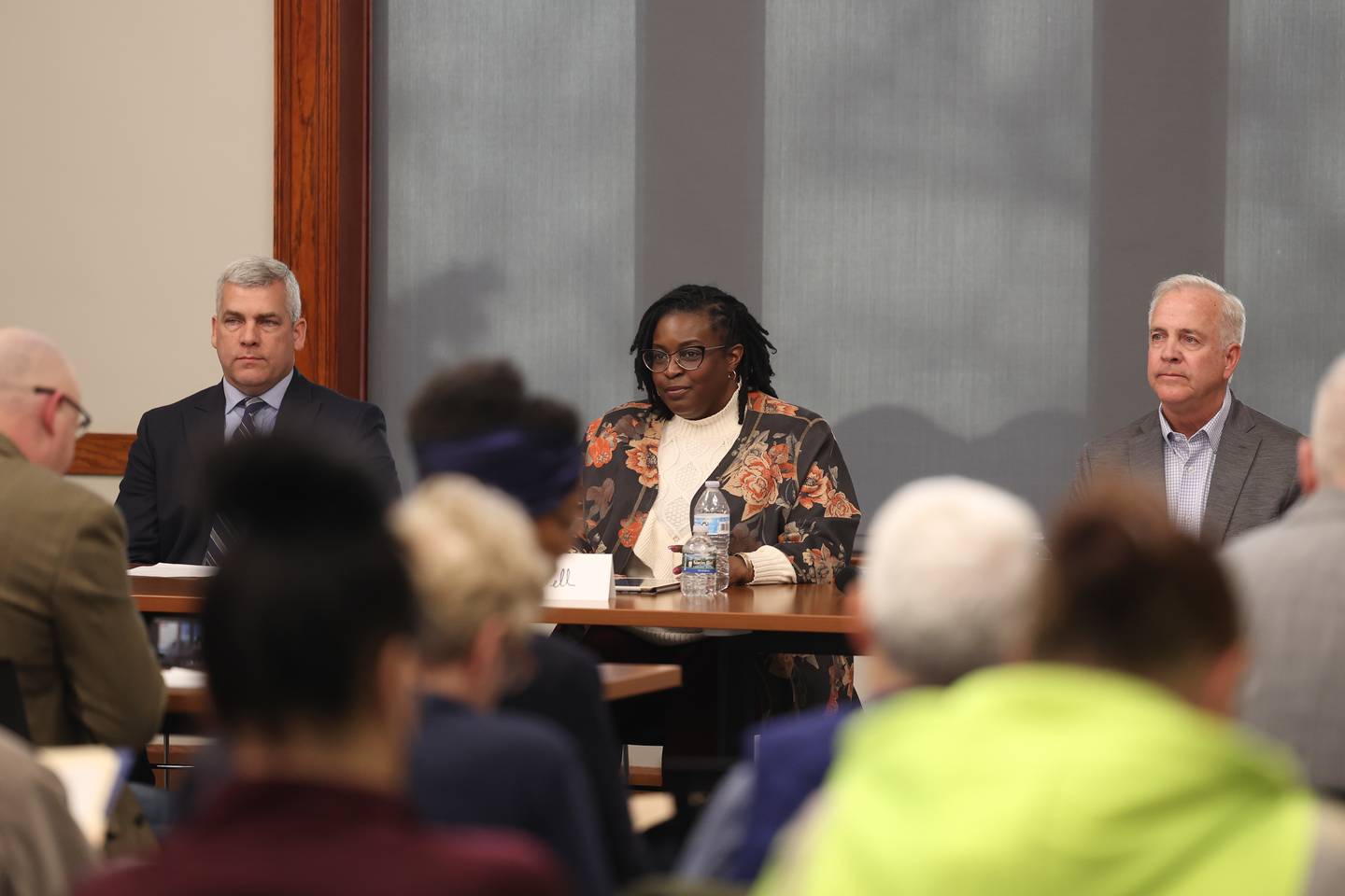 Joliet mayor Bob O’Dekirk (left), mayor candidates Tycee Bell and Terry D’Arcy attend a forum for the candidates at the Joliet Public Library on Tuesday, March 28th, 2023 in Joliet.