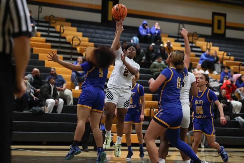 Joliet West’s Khiana Tyler puts up a shot against Joliet Central on Thursday, Jan 30, 2025 in Joliet.