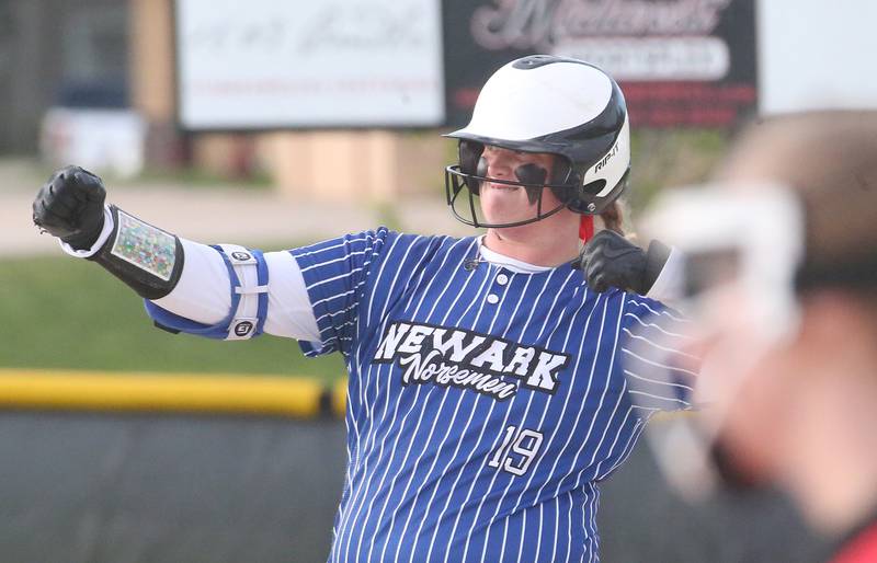 Newark's Kate Bromeland reacts after hitting a double against Earlville during the Class 1A Regional final on Thursday, May 22, 2025 at Indian Creek High School in Shabbona.