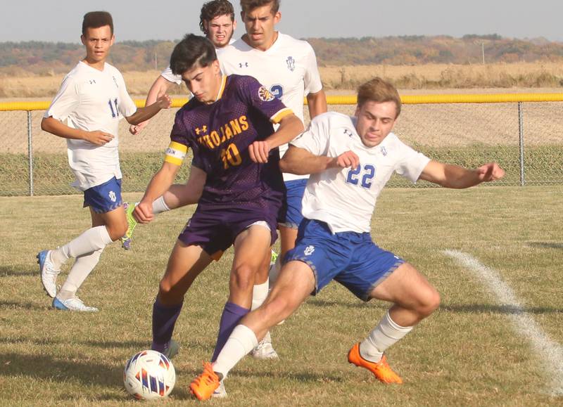 Mendota's Johan Cortez keeps the ball away from Princeton's Izaiah Smallwood during the Class 1A Regional final game on Tuesday, Oct. 22, 2024 at Serena High School.