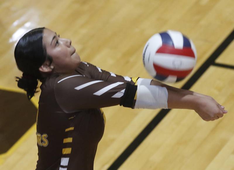 Carmel's Beca Arreola passes the ball forward during the IHSA Class 3A Carmel Sectional championship volleyball match against Prairie Ridge on Thursday, Nov. 6, 2025, at Carmel High School, in Mundelein.