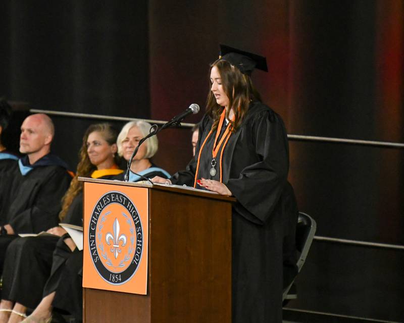 Haylee Kaliski of St. Charles East Student Council Executive Board speaks during graduation on Monday, May 18, 2026, held at the Convocation Center in DeKalb.