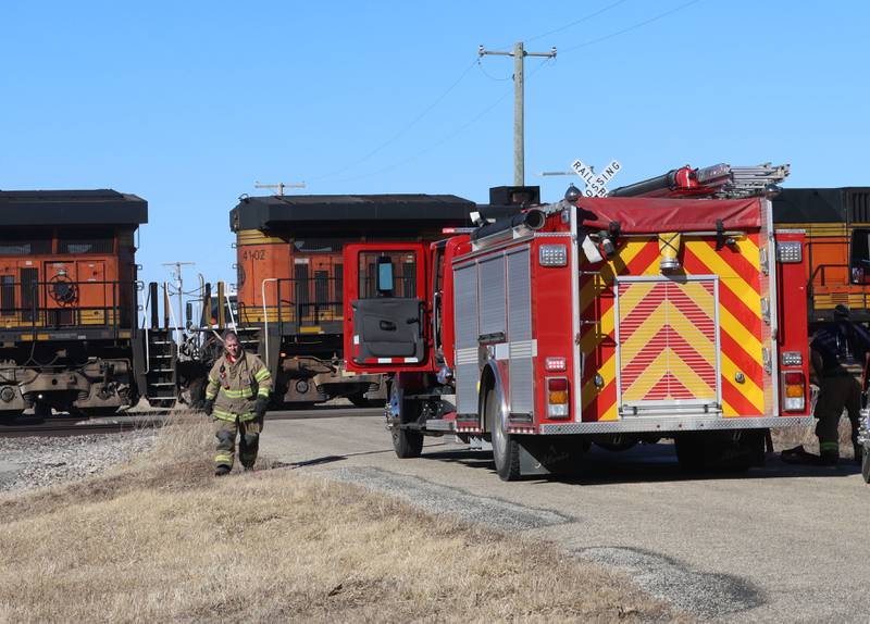 Toluca-Rutland firefighters begin to depart the scene of a BNSF locomotive that was leaking fuel near the intersection of 2900 East Street and 500 North Avenue on Wednesday, Feb. 18, 2026 near Toluca. A Mutual Aid Box Alarm System (MABAS) call was sent out shortly after 1p.m but canceled.