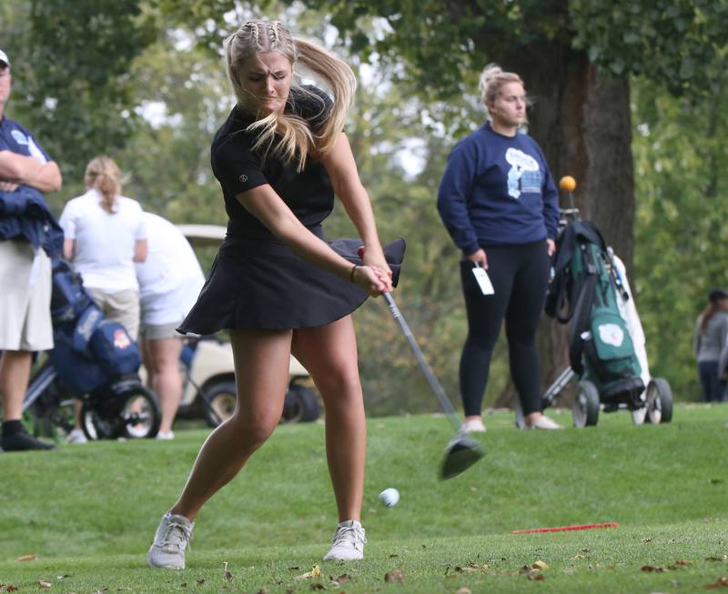 St. Bede's Aleah Espel tees off during the Class 1A Regional golf meet on Thursday, Sept. 28, 2023 at Spring Creek Golf Course in Spring Valley.