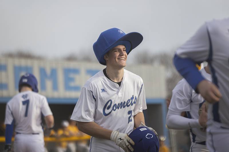 Newman’s Brendan Tunink celebrates a three-run homer against Sterling Tuesday, March 12, 2024.