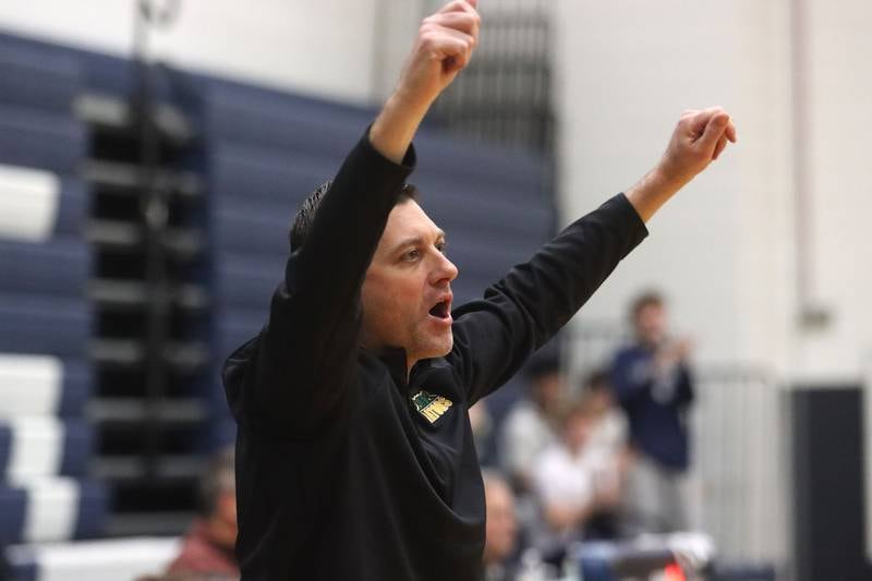 Crystal Lake South’s Head Coach Matt LePage guides the Gators in varsity boys basketball on Wednesday, Dec. 3, 2025, at Cary-Grove High School in Cary.