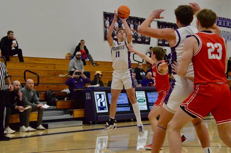 Rochelle's Brody Bruns releases a 3-point shot during the Hubs' game with Ottawa on Friday, Jan. 30, 2026.