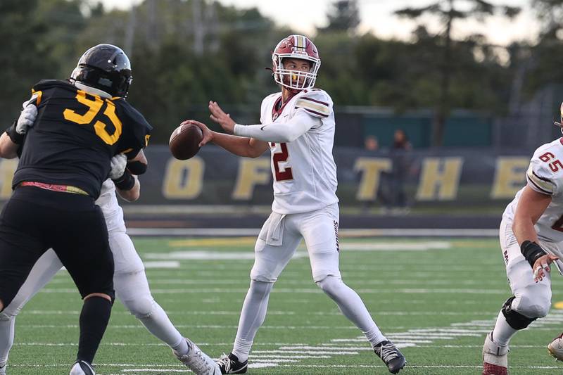Morris’ Brady Varner looks to pass against Joliet West on Friday, Sept. 6, 2024 in Joliet.