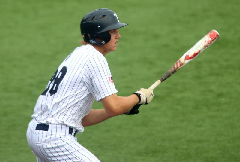 Cary-Grove’s Brock Iverson strokes a single against Triad in IHSA Class 3A Third Place Game baseball action at Slammer Stadium in Joliet on Saturday, June 14, 2025.