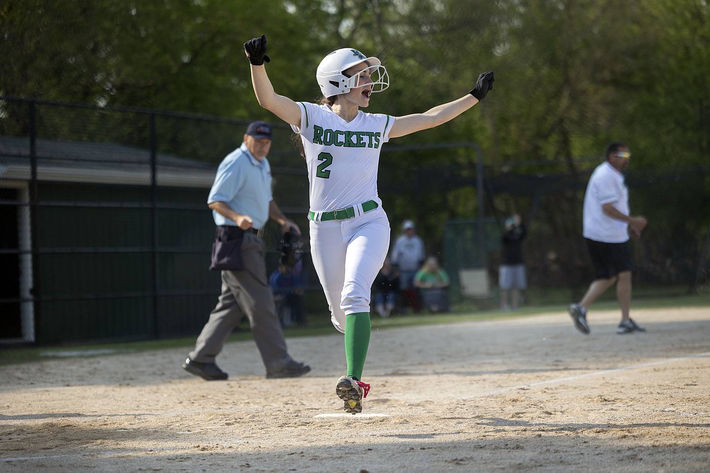 Rock Falls’ Brooke Howard celebrates after coming in to score on Savanna Fritz’ two RBI double Friday, May 19, 2023.