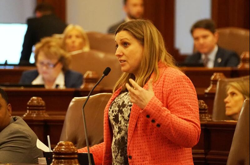 Sen. Rachel Ventura, D-Joliet, speaks on the Senate floor to urge passing of a bill barring police from seizing vehicles or detaining drivers based solely on the smell of burnt cannabis.