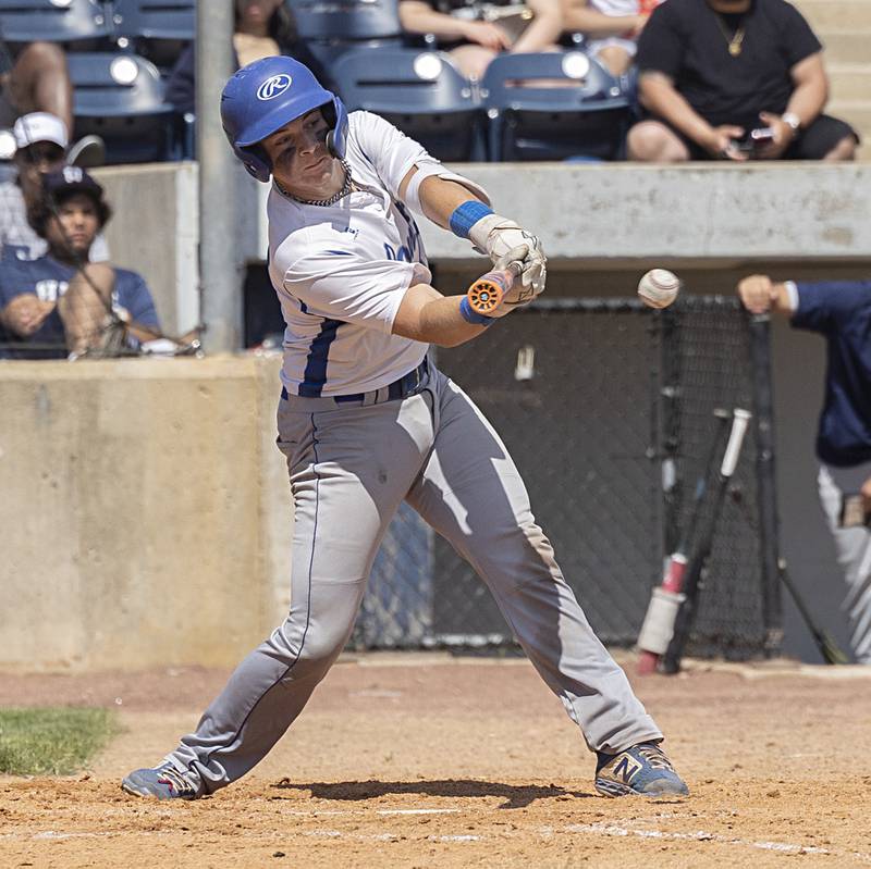 Newman’s Jaesen Johns connects with a pitch against Chicago Hope Monday, May 29, 2023.