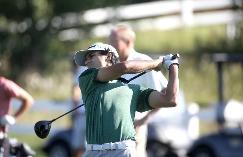 Waubonsie Valley’s Salil Khanduja tees off during the Class 3A Plainfield North Boys Golf Sectional at Whitetail Ridge Golf Course in Yorkville on Monday, Oct. 2, 2023.
