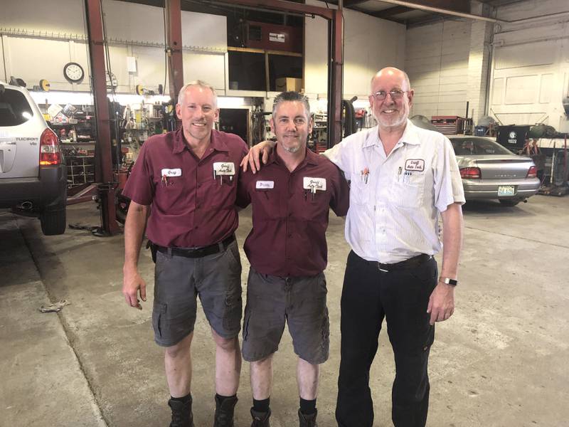 Brothers Greg (left) and Jeff Grieff (right) will be closing Greiff Auto Tech after 30 years in business on the north side of Princeton. They took over the business from their father, Warren, who started in Princeton in 1969. The Grieffs are pictured with longtime employee Brian Fogarty.