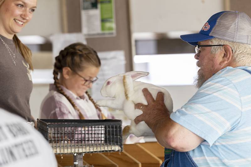 Bob Dietzman of Evansville, Wis. checks out Ali Danekas’ rabbit submission Thursday, July 25, 2024 at the Lee County 4H Fair.