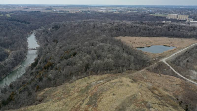An aerial view of the Vermilion River of Matthiessen Annex area on Wednesday, March 27, 2024 near Oglesby. In October 2018, the Illinois Department of Natural Resources purchased 2,628 acres from Lone Star Industries Inc. near Oglesby, Illinois in rural LaSalle County. This
formerly mined property is adjacent to Matthiessen State Park and is now referred to as the Matthiessen Annex property. In its reclaimed state, this property will provide recreational opportunities, as well as habitat and public access to the Illinois River and Bailey Creek.