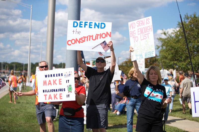 Locals gather for Workers over Billionaires rally on Rt 64 on Monday, Sept.1,2025 in St. Charles.