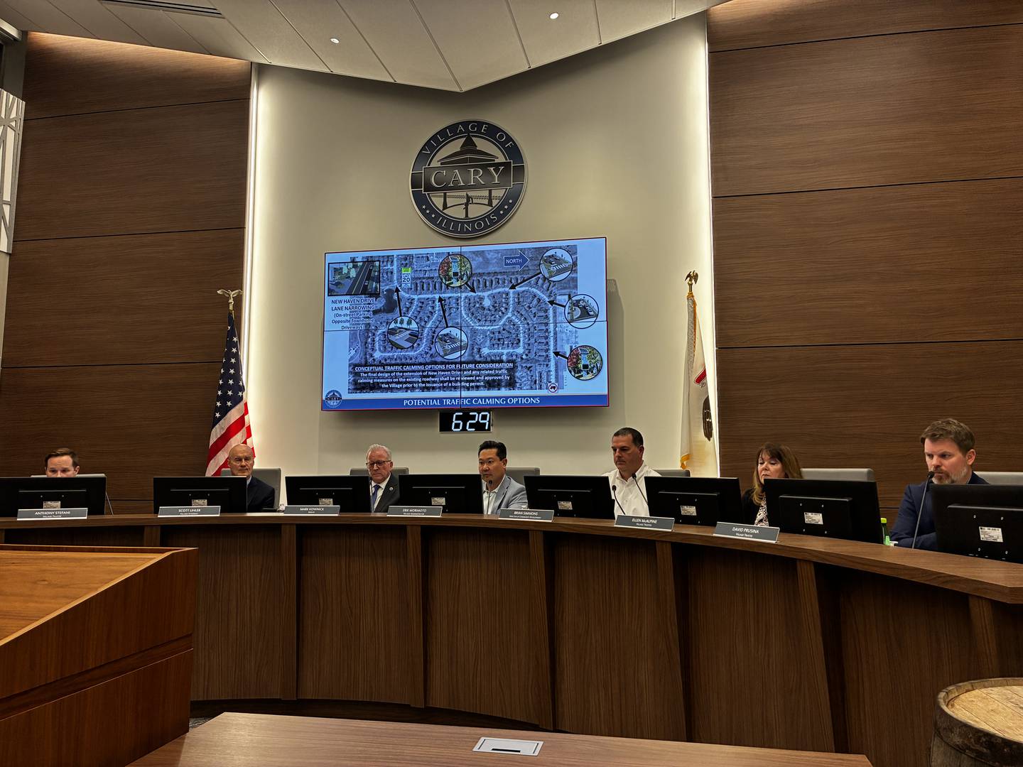 Cary Village Administrator Erik Morimoto presented what he called "back of napkin" designs for possible traffic-calming infrastructure in the Cambria subdivision during the Tuesday, Oct. 28, 2025, special village board meeting.