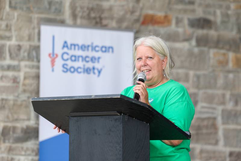 Michelle Sadler, event chair, speaks during the opening ceremony for the Relay for Life of Kankakee County on June 14, 2025, at The Grove in Bourbonnais.