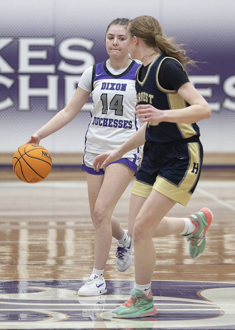 Dixon’s Addy Johnson handles the ball against Harvest-Westminster Wednesday, Feb. 11, 2026.