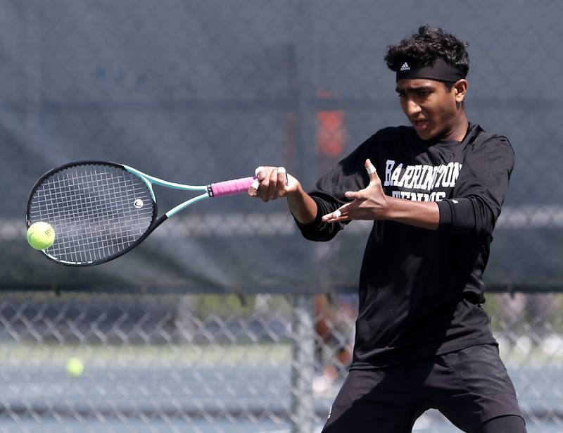 Barrington's Shiv Sastry returns the ball during an IHSA 2A boys doubles tennis match Thursday, May 25, 2023, at Buffalo Grove High School.
