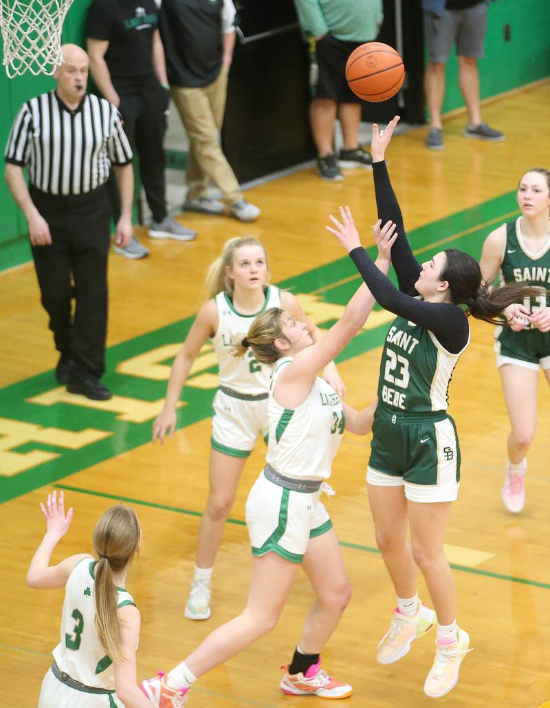 St. Bede's Ali Bosnich shoots a jump shot over Seneca's Tessa Krull on Monday, Jan. 29, 2024 at Seneca High School.