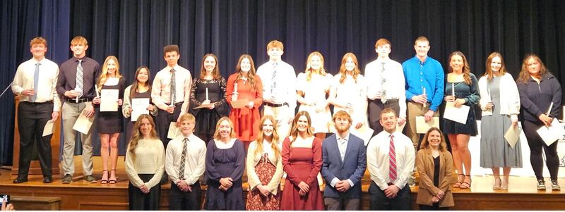 The Princeton 2024-25 National Honor Society Induction Ceremony took place Feb. 11, 2025. Inductees are (front, from left) Grace Eggers, Nolan Kloepping, Samantha Woolley, Kamryn Patterson, Ellie Harp, Ian Morris, Cade Odell and Norah Schultz, (back from left) Luke Smith, Arthur Burden, Emilee Merkel, Arianne Tirao, Levi Boggs, Tessa Carlson, Camryn Driscoll, Casey Etheridge, Lydia Hardy, Makayla Hecht, Ryan Jagers, Braydyn Kruse, Sylvie Rutledge, Elin Workman and Dakara Rivera.
