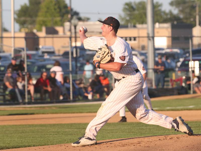 Pistol Shrimp pitcher Zach Kempe lets go of a pitch during the Prospect League Championship Series against Rex on Wednesday, Aug. 7, 2024 at Schweickert Stadium in Peru.