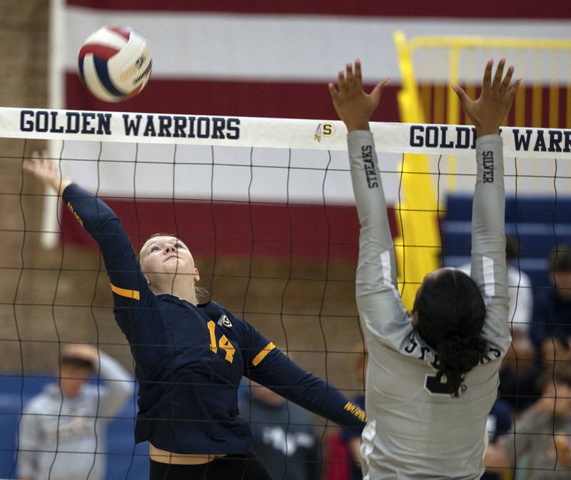 Sterling’s Emma Sinn reaches for a shot against Galesburg Tuesday, Sept. 24, 2024, in Sterling.