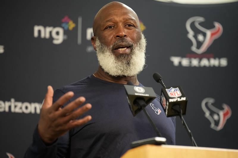 Houston Texans head coach Lovie Smith speaks after facing the Denver Broncos, Sunday, Sept. 18, 2022, in Denver. The Broncos defeated the Texans 16-9.
