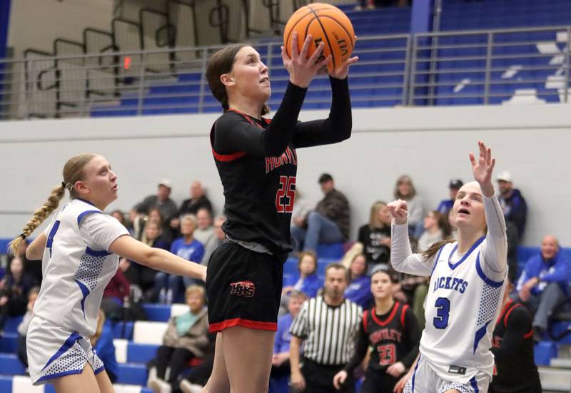 Huntley’s Evie Freundt heads for the hoop in varsity girls basketball on Monday, Feb. 9, 2026, at Central High School in Burlington.