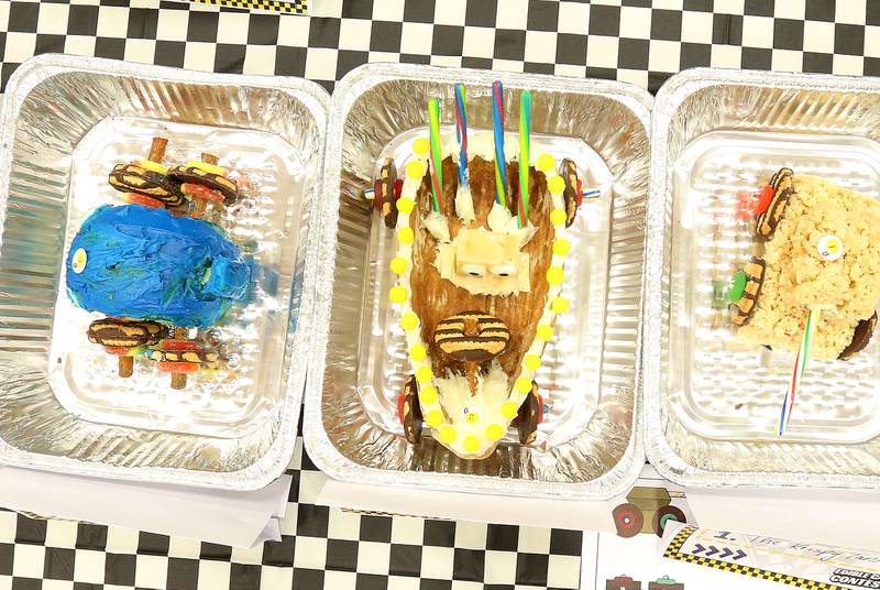 Cars made from food are ready to race during the Edible Car Contest on Wednesday, Feb. 25, 2026 at Illinois Valley Community College in Oglesby.