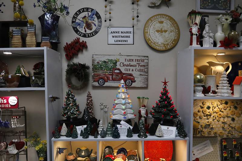 Holiday items for sale on Thursday, Dec. 19, 2024, at Artisans on Main in Woodstock. Several of the artists have holiday themed items for sale.