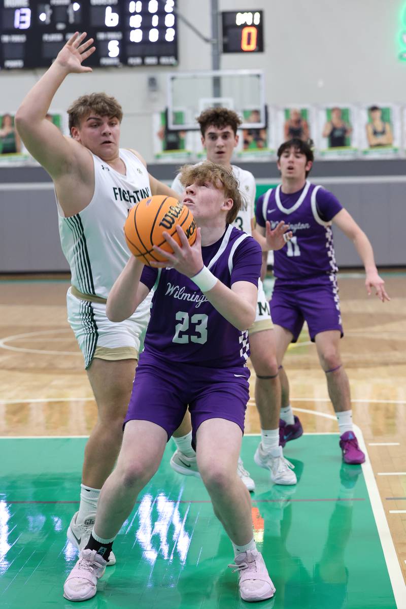 Wilmington's Brodie Strong looks to shoot during Bishop McNamara's 61-24 victory over Wilmington in the IHSA Class 2A Seneca Sectional semifinal on Tuesday, March 3, 2026.