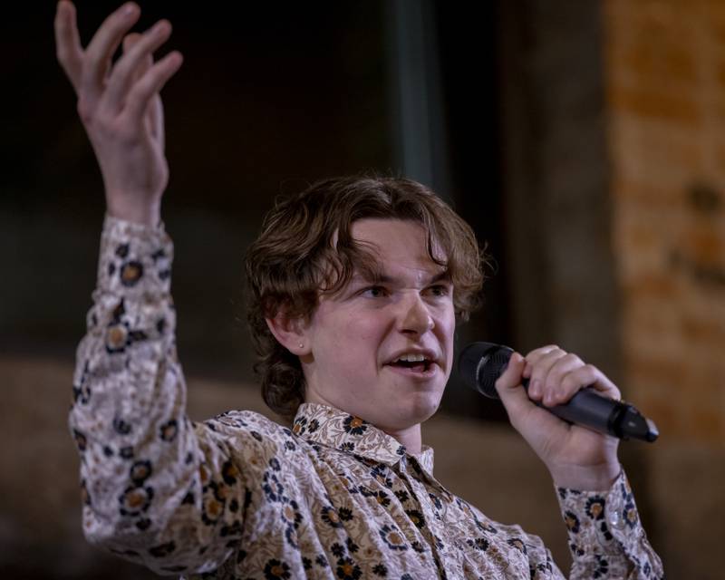 James Hoehn of LaSalle Peru High School gives a vocal performance of "All I Care About" during the Mad Hatter Ball on January 17, 2024 at the Westclox Event Center.
