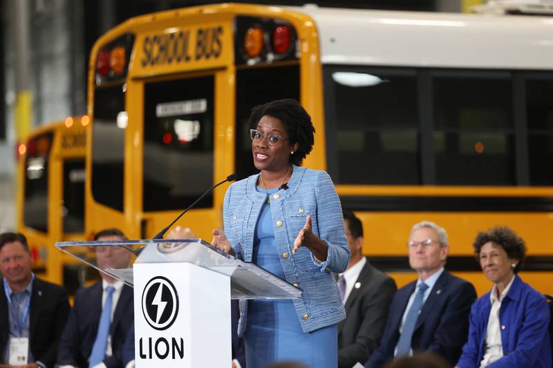 U.S. Representative Lauren Underwood, D-14, speaks at the grand opening of the Lion Electric manufacturing facility on Friday, July 21st, 2023 in Joliet.