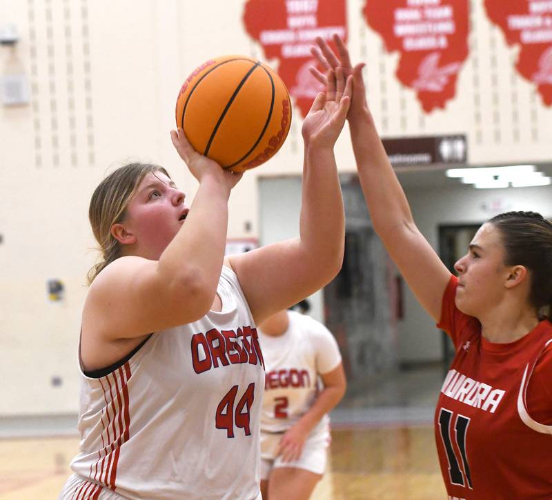 Oregon's Noelle Girton (44) shoots against Aurora Christian during action at the Oregon Girls Tip-Off Tournament on Friday, Nov. 21, 2025 at the Blackhawk Center  in Oregon.