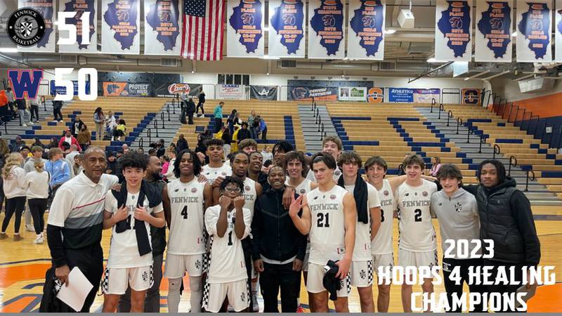 Fenwick's boys basketball team celebrates after beating West Aurora to win the Hoops for Healing Tournament championship on Friday in Oswego.