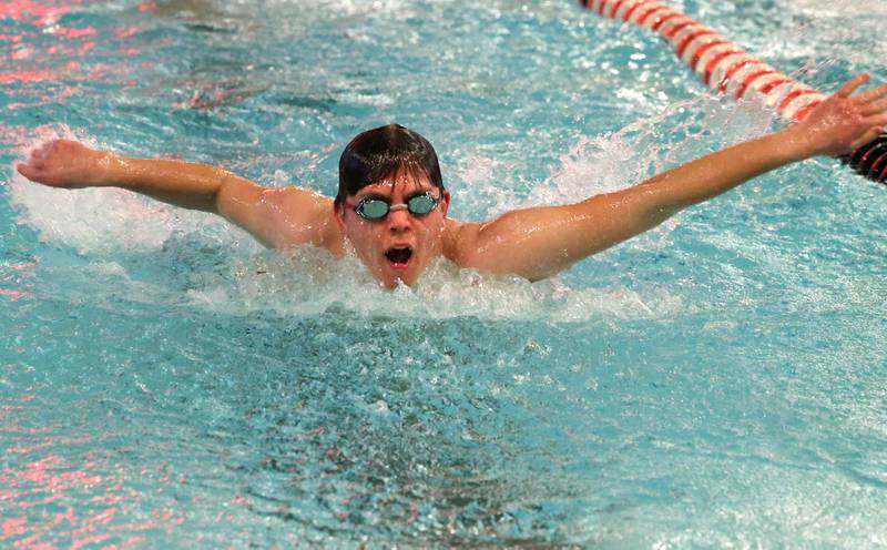 DeKalb-Sycamore co-op swimmer John Kafka competes in the junior varsity 200 yard individual medley Thursday, Jan. 23, 2025, during their meet against Metea Valley at the Huntley Middle School Pool in DeKalb.