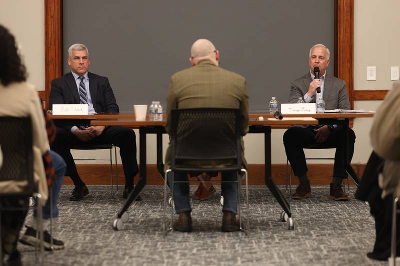 Joliet mayor Bob O’Dekirk (left) and mayor candidates Terry D’Arcy attend a forum for the candidates at the Joliet Public Library on Tuesday, March 28th, 2023 in Joliet.