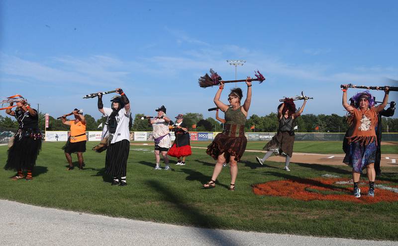 The Hocus Pocus Hags perform during the Illinois Valley Pistol Shrimp Halloween in July on Wednesday, July 23, 2025 at Schweickert Stadium in Peru. The event featured a Trick or Treat Scavenger Hunt presented by Peru Federal Savings Bank, Pregame Performance from the Hocus Pocus Hags and a kids costume parade.