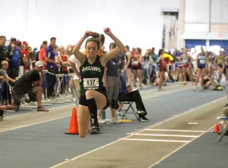 Anna Lopez of St. Bede competes in the 1A triple jump finals during the IHSA Girls State Championships in Charleston on Saturday, May 21, 2022.