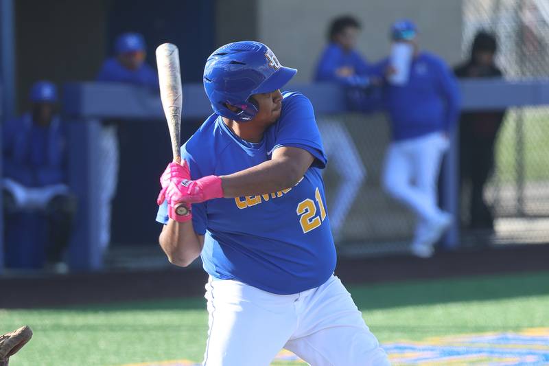 Joliet Central’s Adam Sanchez locks in on a pitch against Minooka  on Monday, April 6, 2026 in Joliet.